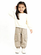 HOP Kids Beige Floral Embroidered Mid-Rise Cotton Joggers