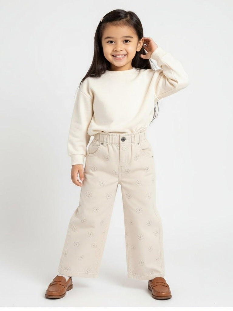 HOP Kids Beige Floral Printed High-Rise Corduroy Trousers