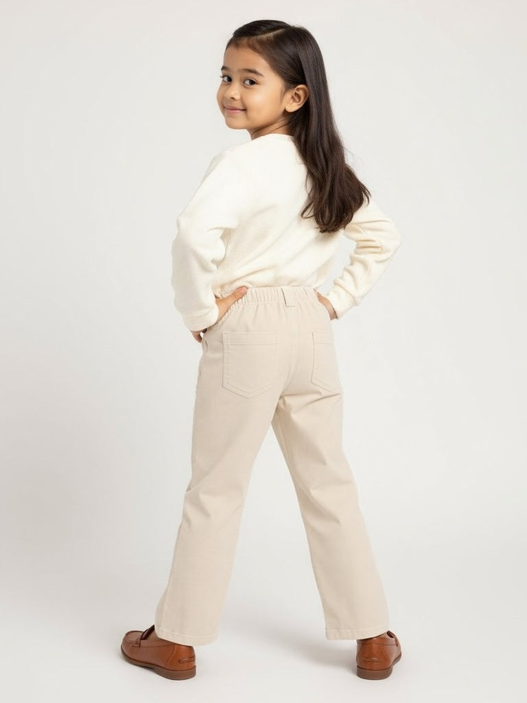 HOP Kids Beige Floral Printed High-Rise Corduroy Trousers