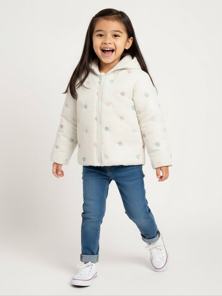HOP Kids Off-White Floral Embroidered Hooded Jacket