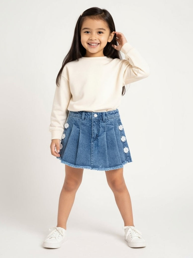 HOP Kids Blue Floral Applique High-Rise Denim Skorts