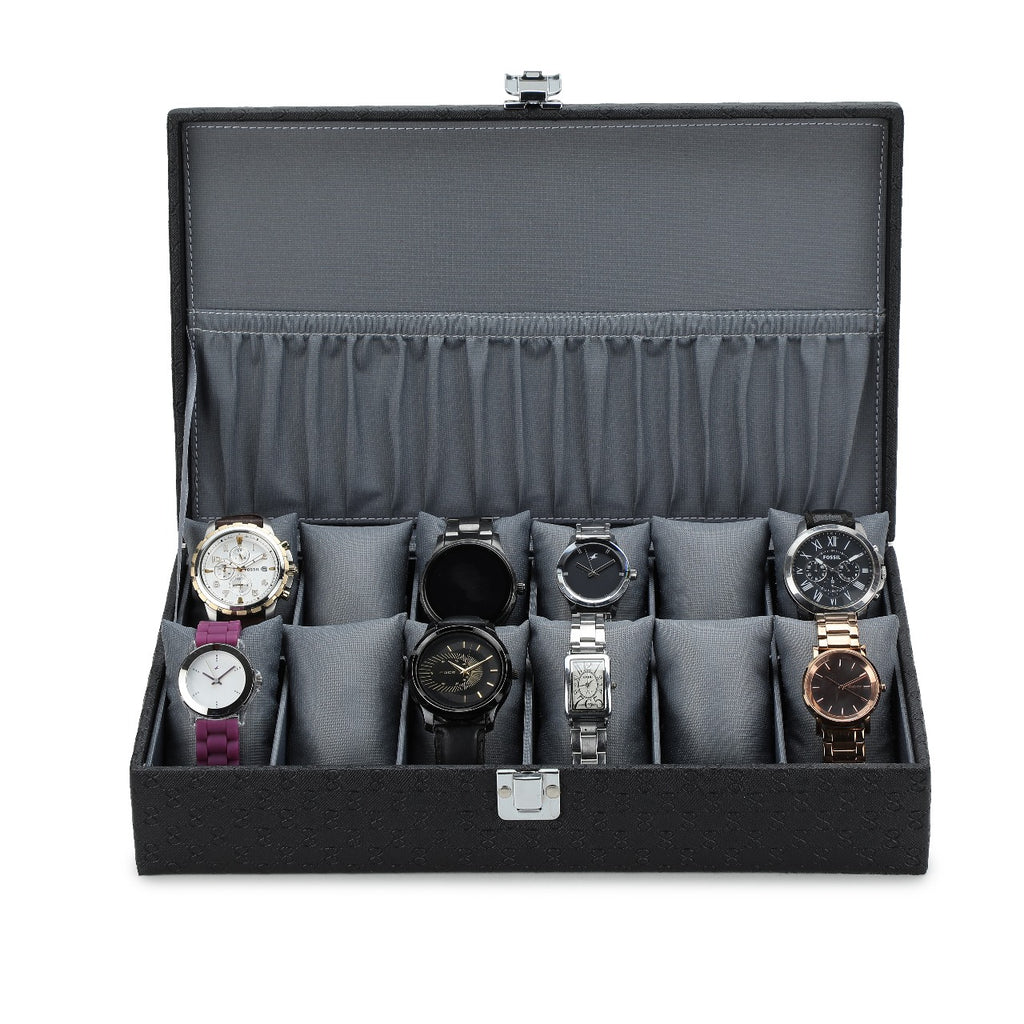 Deluxe 12-Slot Watch Display Case with Gray Velvet Interior