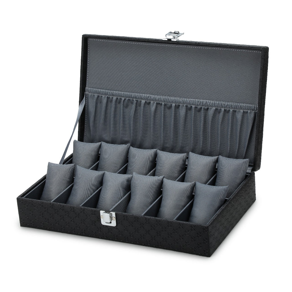Deluxe 12-Slot Watch Display Case with Gray Velvet Interior