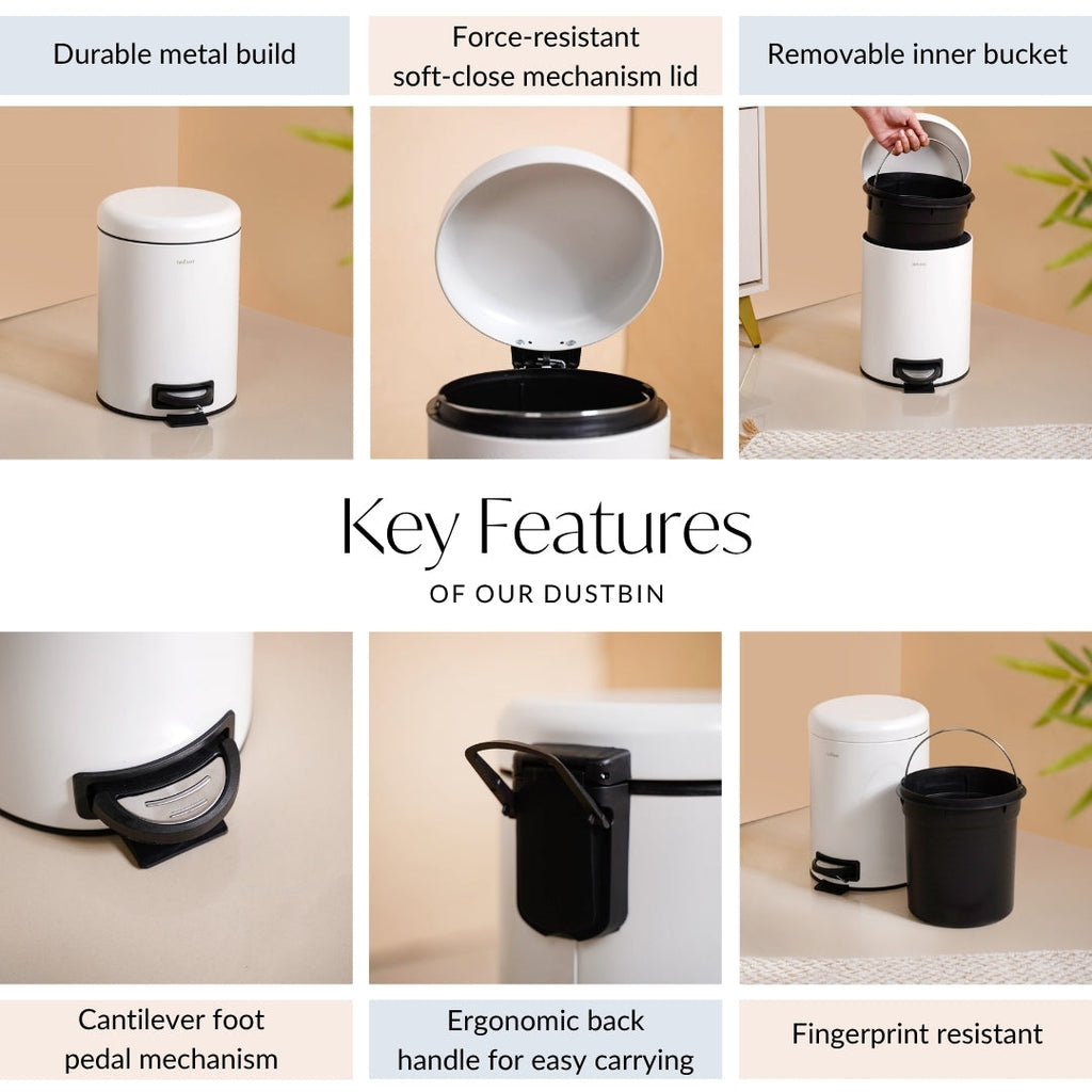 Clean Curve Metal Dustbin With Removable Bucket White 5000ml