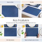 Electric Blue Embossed Table Mat Set Of 6