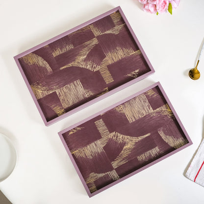 Modern Abstract Art Tray Set Of 2 Purple Matte Gold