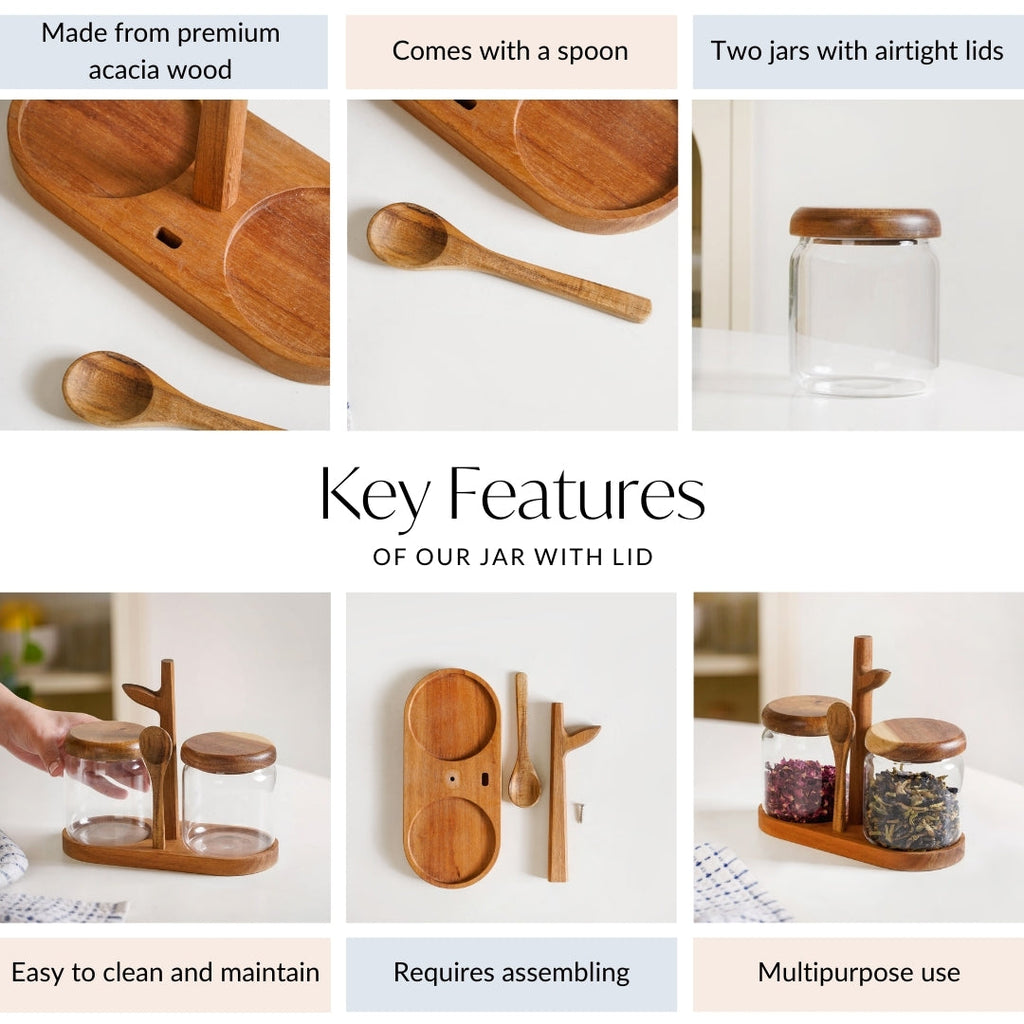 Acacia Wood Glass Jars And Spoon With Leaf Stand