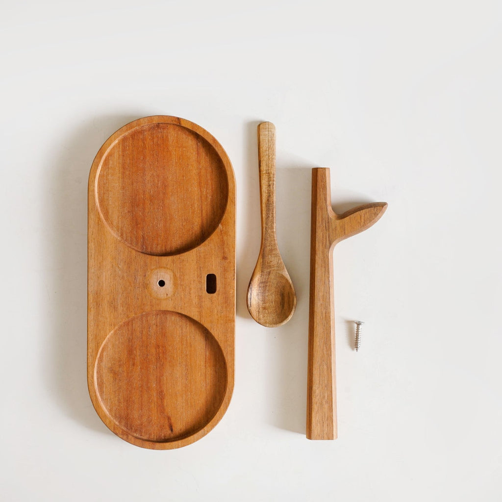 Acacia Wood Glass Jars And Spoon With Leaf Stand
