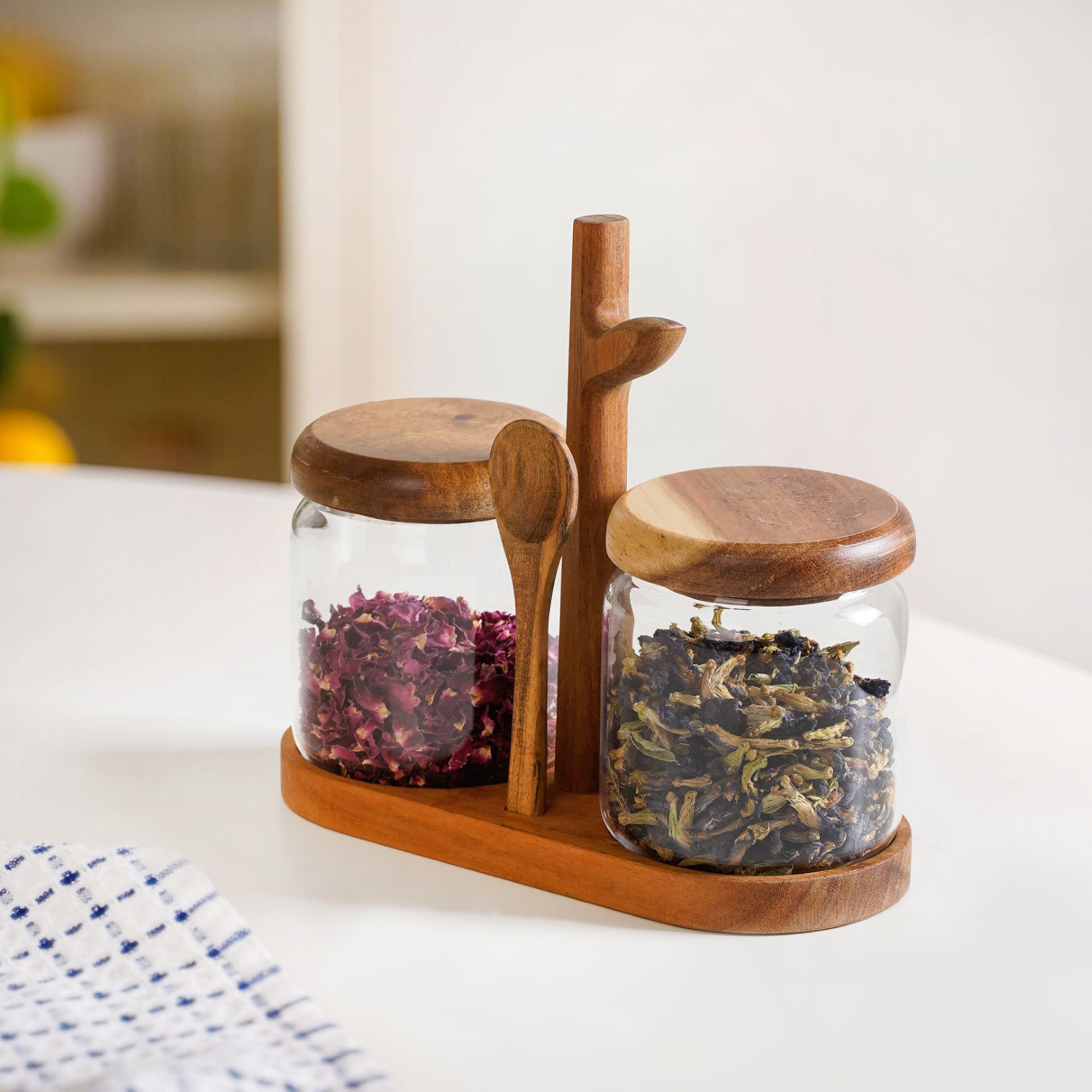 Acacia Wood Glass Jars And Spoon With Leaf Stand