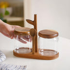 Acacia Wood Glass Jars And Spoon With Leaf Stand