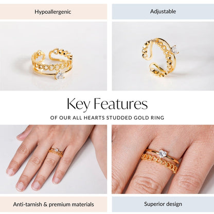 All Hearts Studded Gold Ring