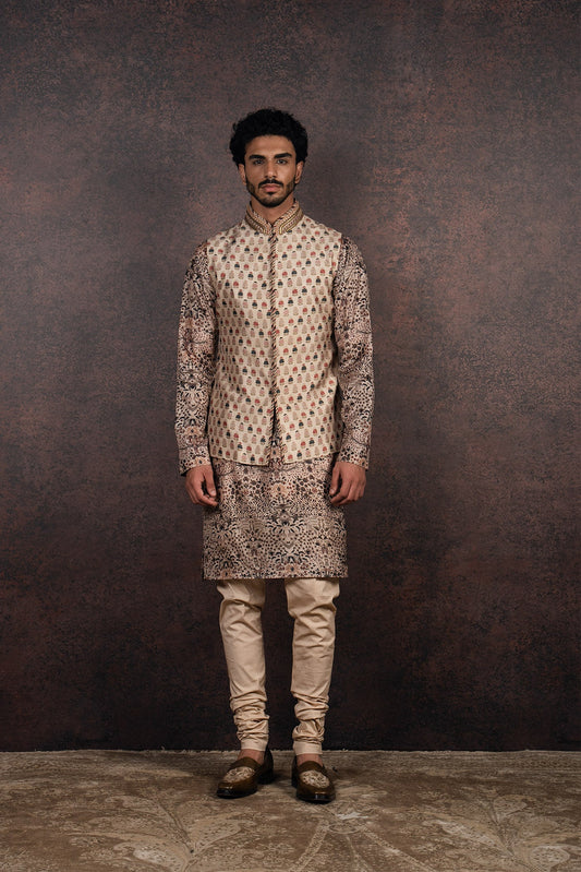 Almond Printed Nehru Jacket Set | MURAQQA