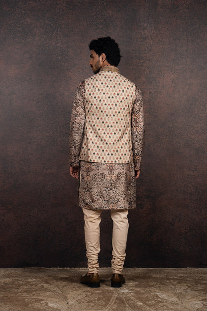 Almond Printed Nehru Jacket Set | MURAQQA