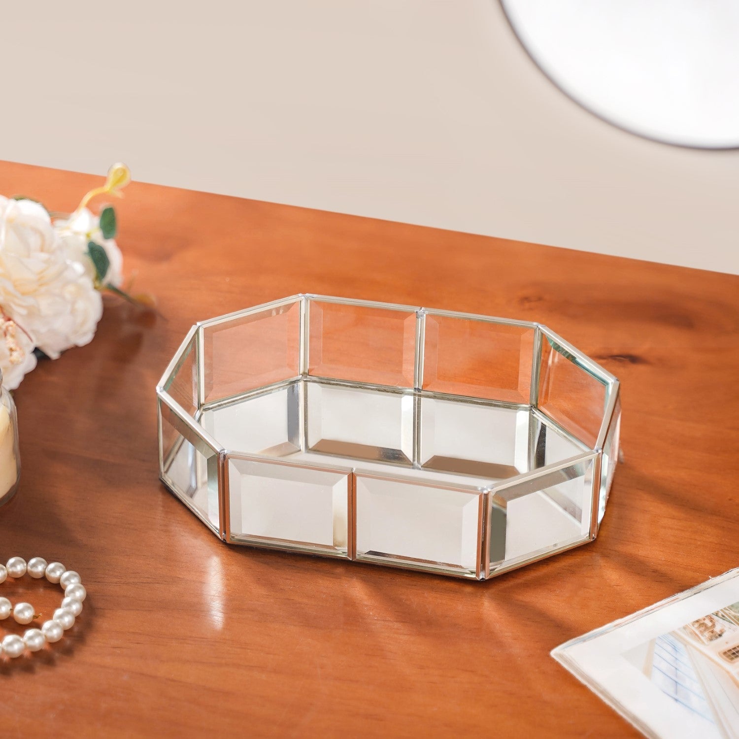 Crystal Mirror Base Vanity Tray Silver Small