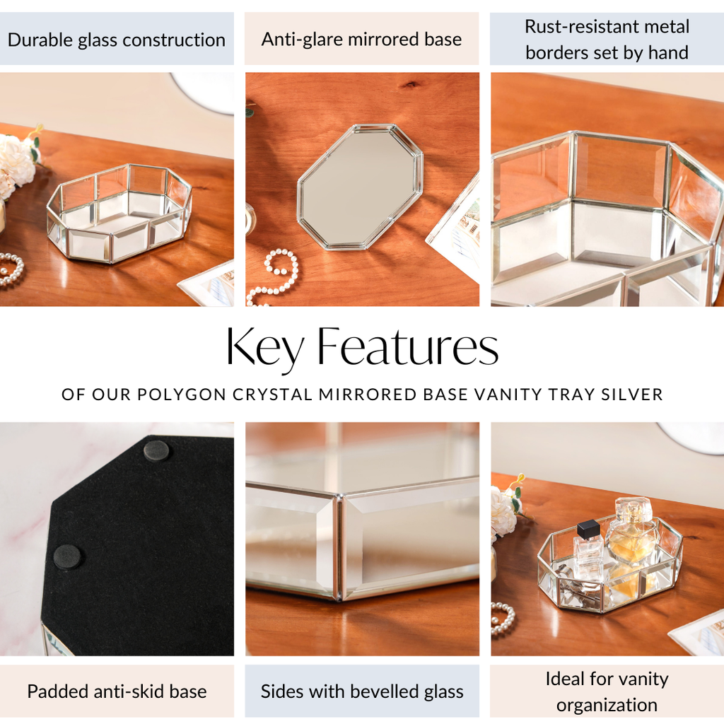 Crystal Mirror Base Vanity Tray Silver Small