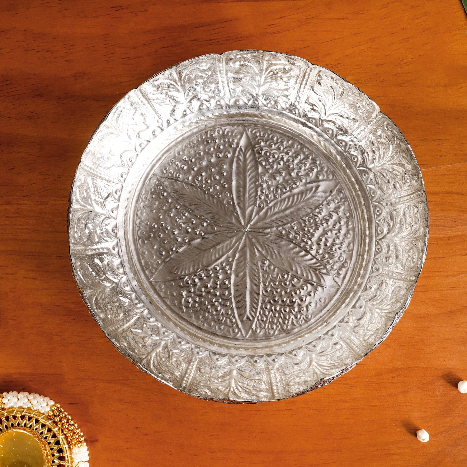 Antique Engraved Pure Brass Urli With Silver Polish 22cm