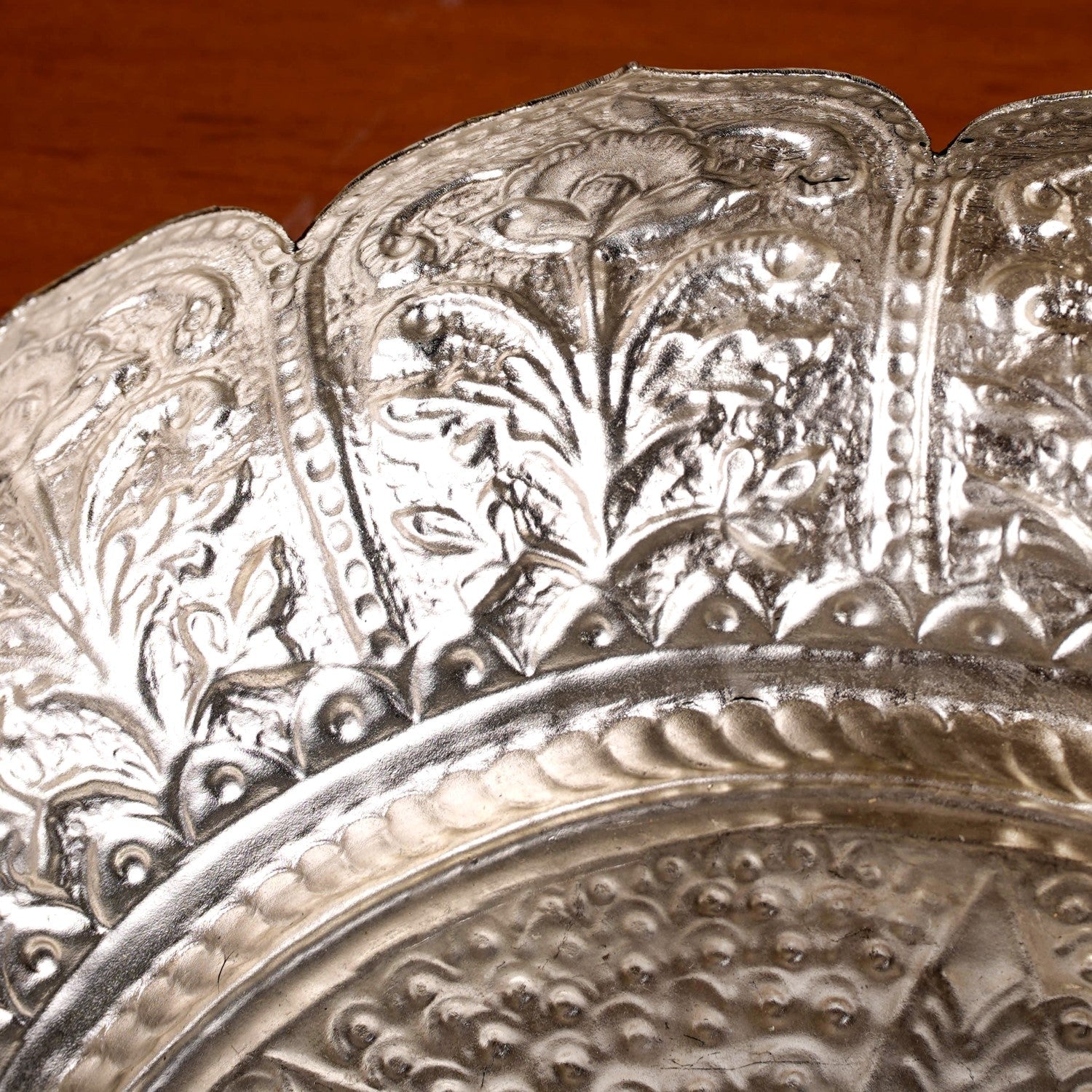 Antique Engraved Pure Brass Urli With Silver Polish 22cm