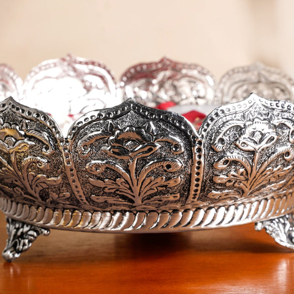 Antique Engraved Pure Brass Urli With Silver Polish 22cm