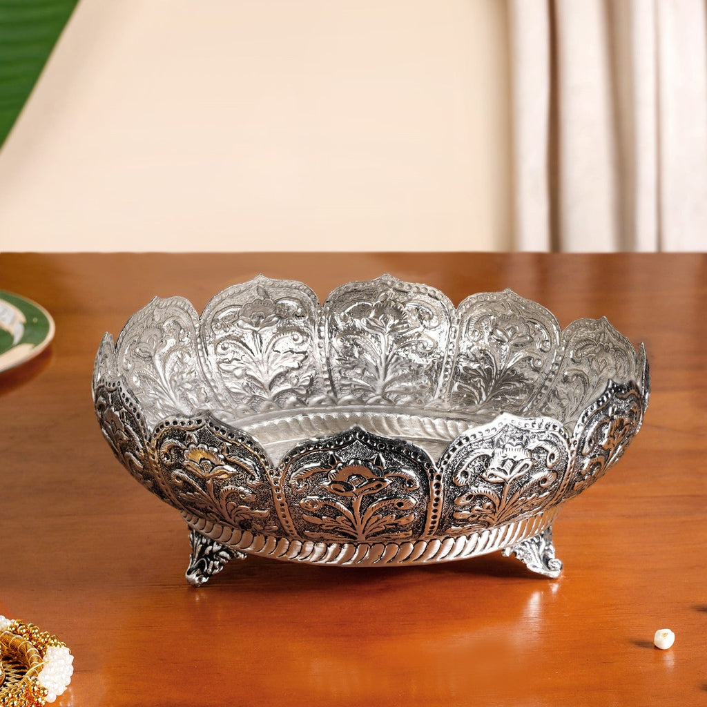 Antique Engraved Pure Brass Urli With Silver Polish 22cm