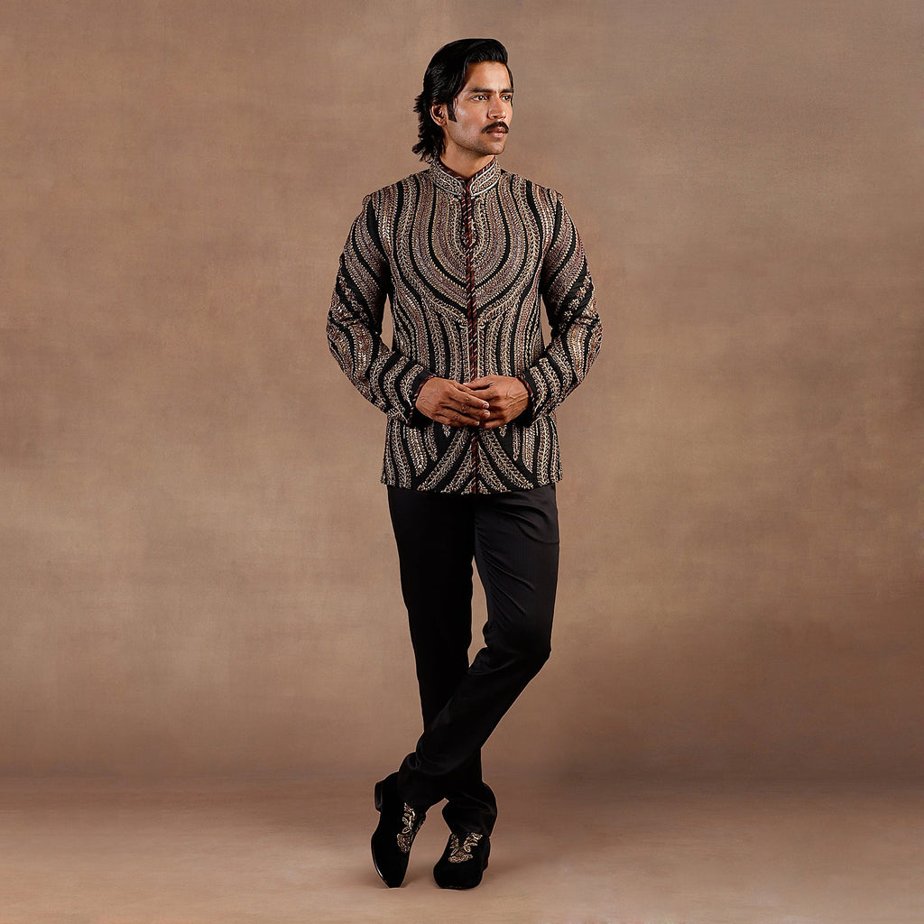 Antique Gold - Black Bandhgala Set | EAST