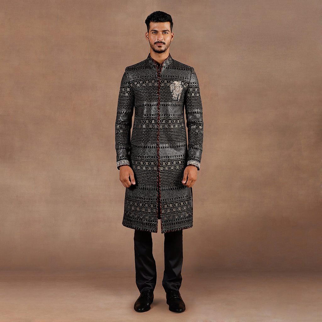 Antique Silver -  Black Sherwani Set | EAST