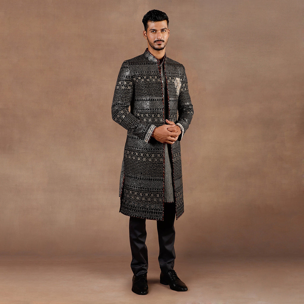 Antique Silver -  Black Sherwani Set | EAST