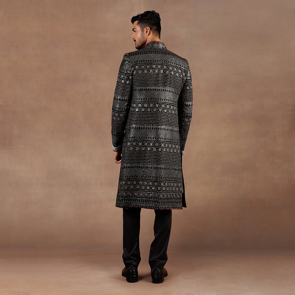 Antique Silver -  Black Sherwani Set | EAST