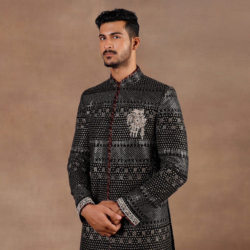 Antique Silver -  Black Sherwani Set | EAST