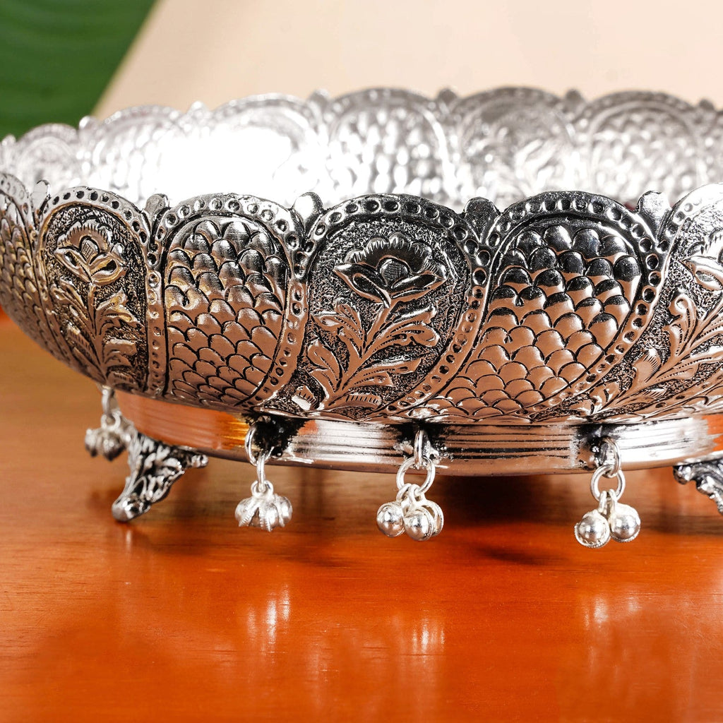 Antique Pure Brass Urli With Silver Polish For Temple 23cm