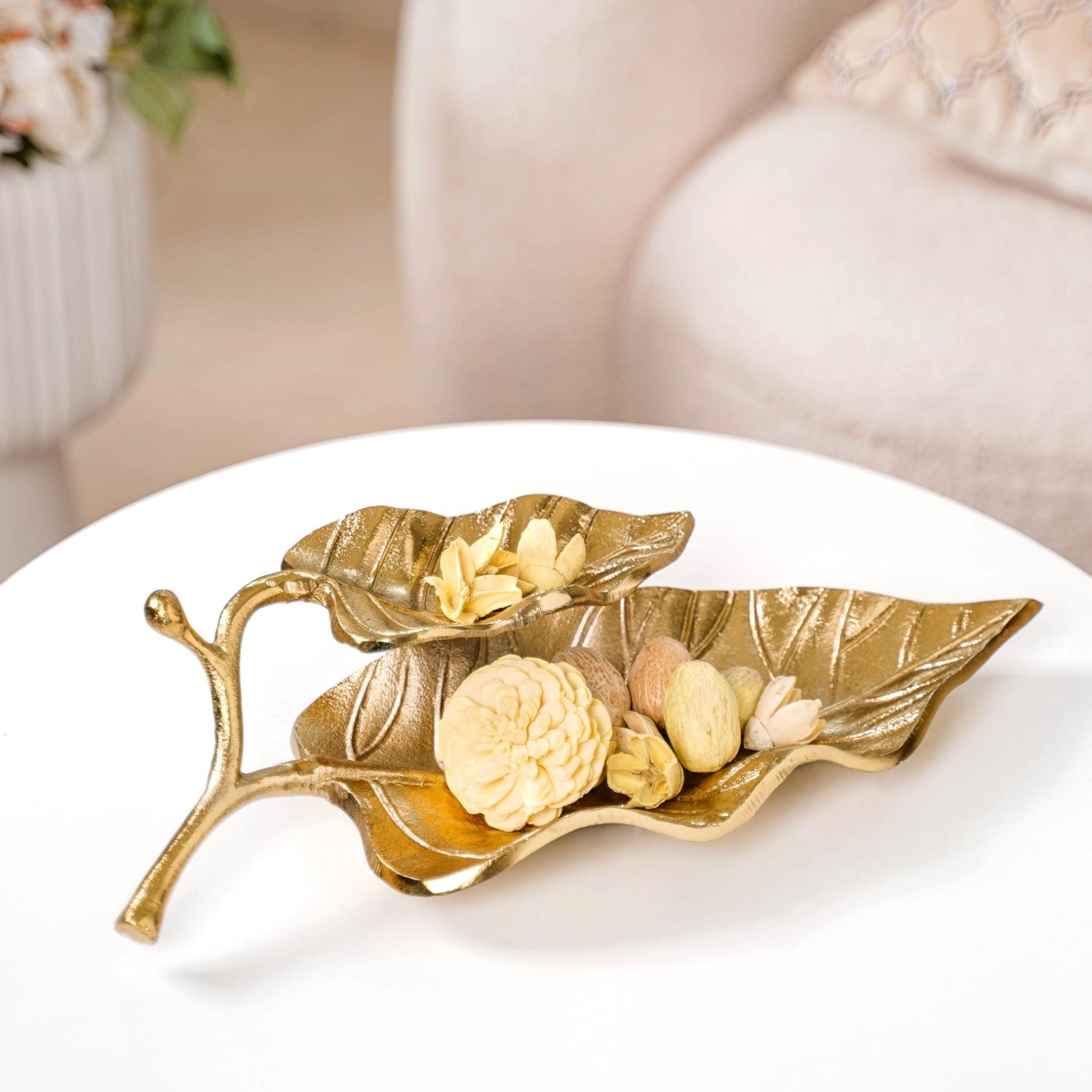 Double Layer Mango Leaf Metal Tray Gold
