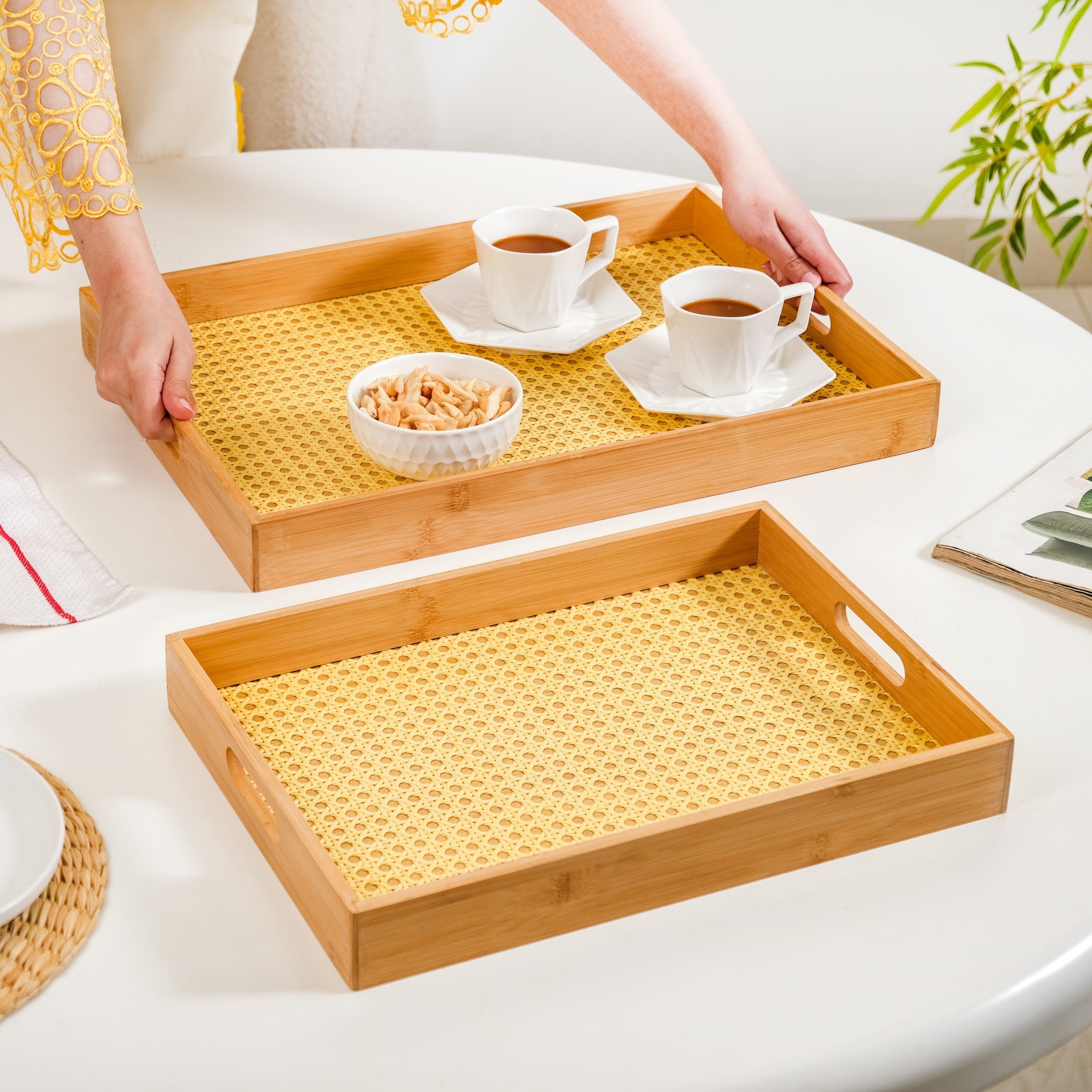 Rattan Weave Bamboo Serving Tray Set Of 2