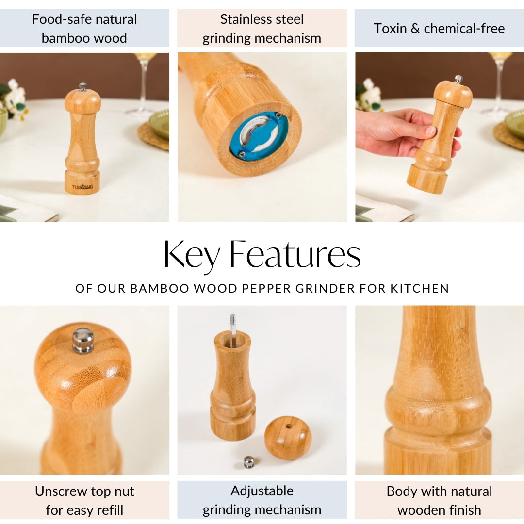 Bamboo Wood Pepper Grinder For Kitchen