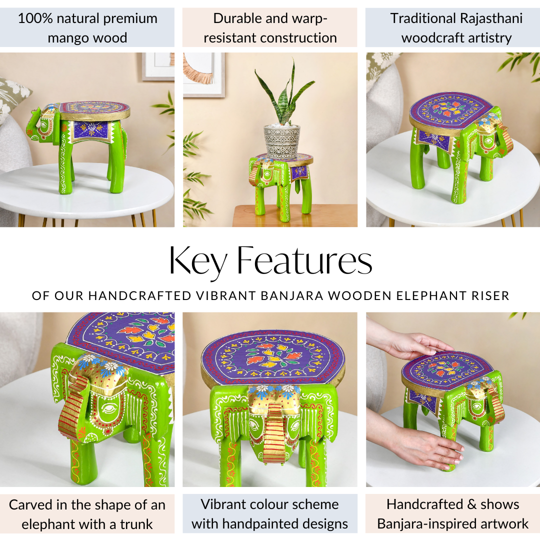 Handcrafted Vibrant Banjara Wooden Elephant Riser