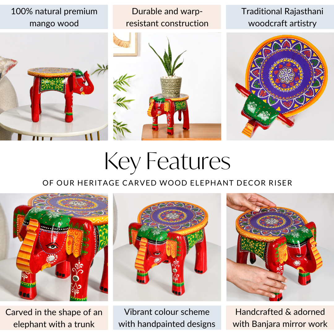Heritage Carved Wood Elephant Decor Riser