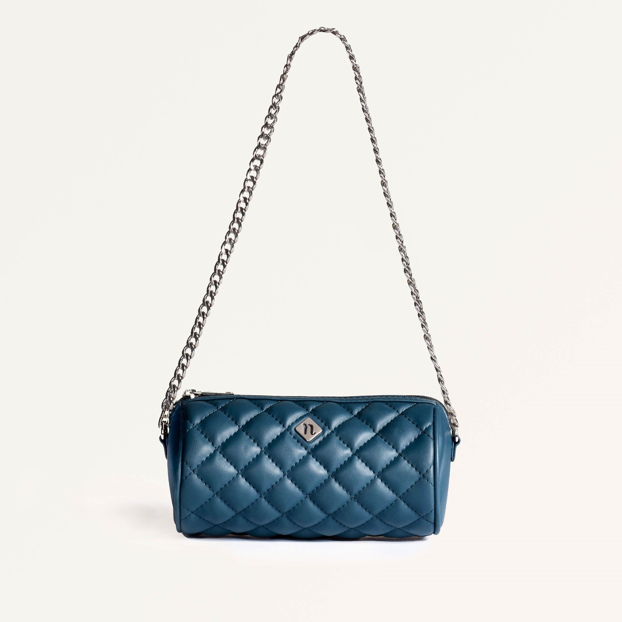 Blue Mini Barrel Bag With Chain Strap