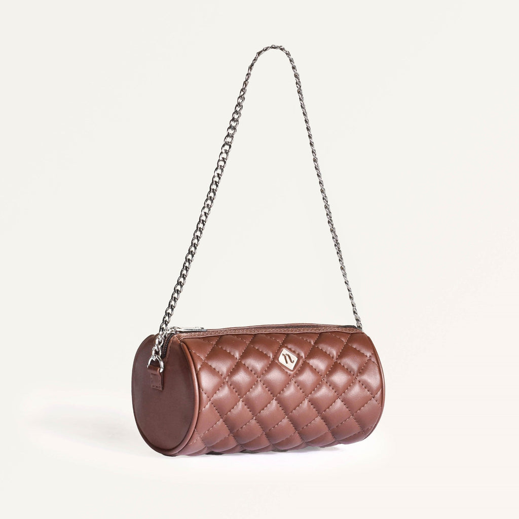 Brown Mini Barrel Bag With Sling Chain