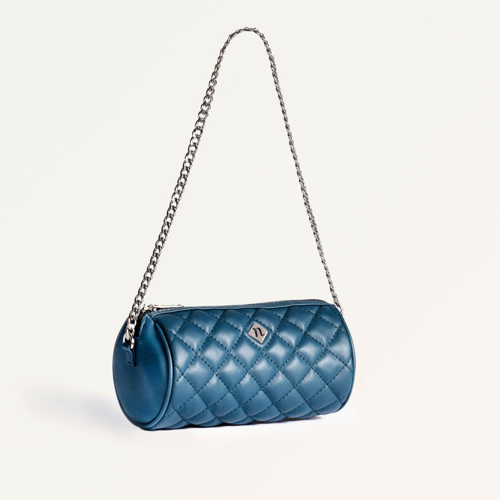 Blue Mini Barrel Bag With Chain Strap