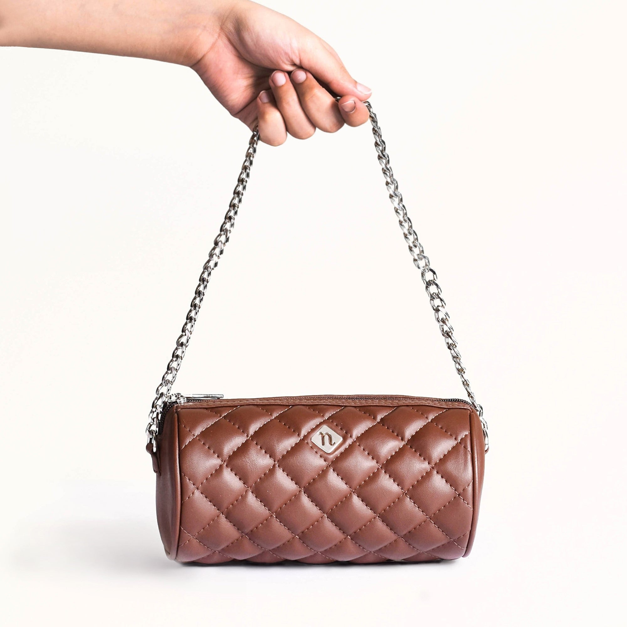 Brown Mini Barrel Bag With Sling Chain