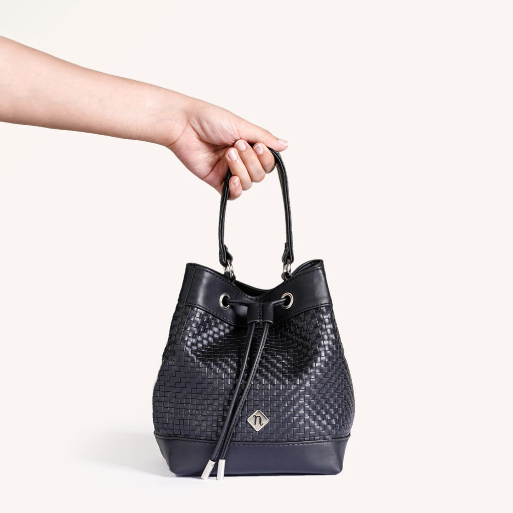 Basket Weave Bucket Handbag For Women Black