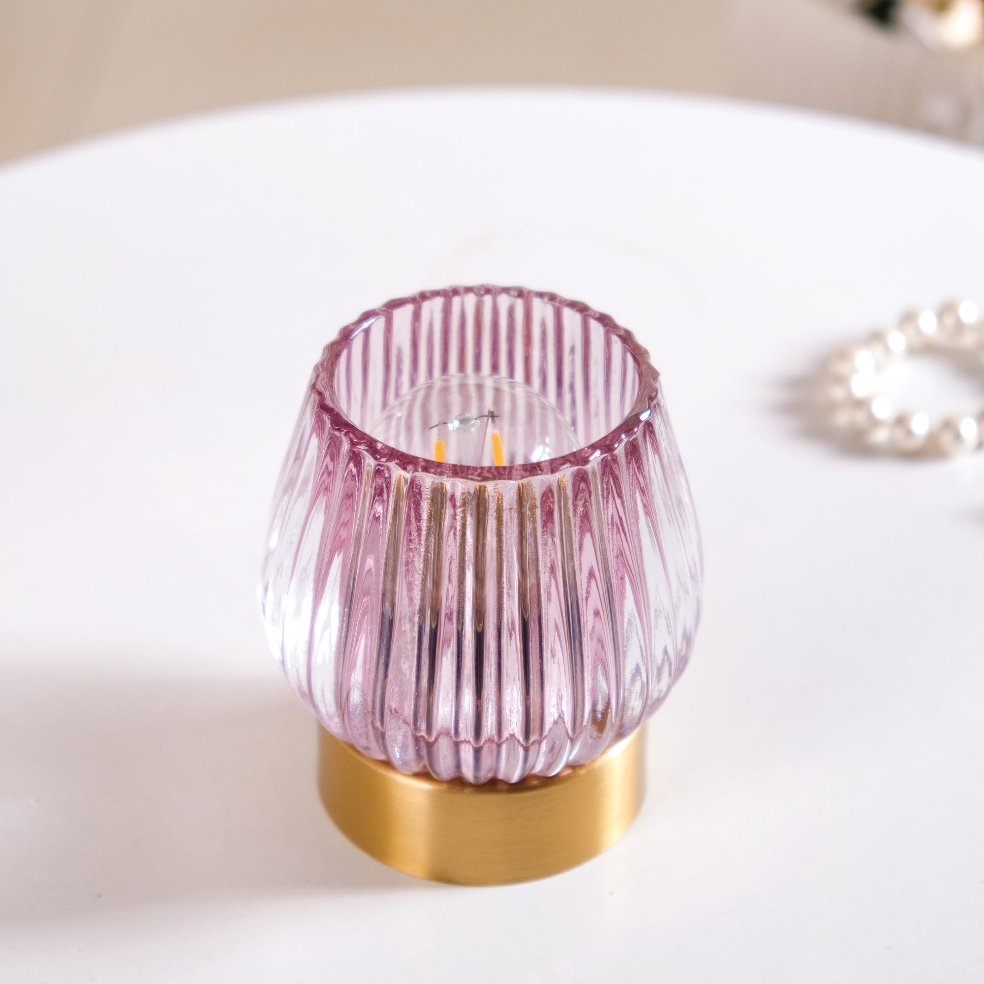 Ribbed Glass Tulip Battery LED Table Lamp