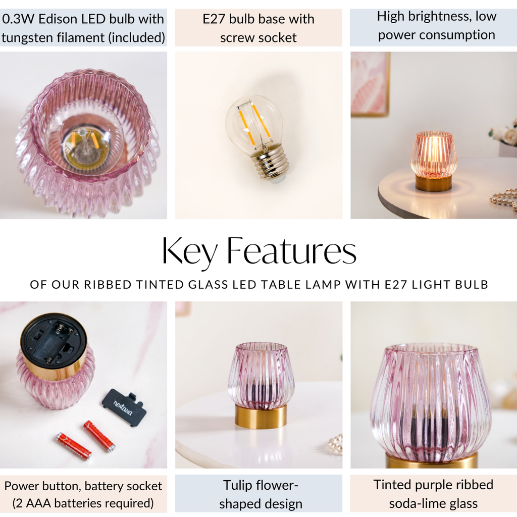 Ribbed Glass Tulip Battery LED Table Lamp