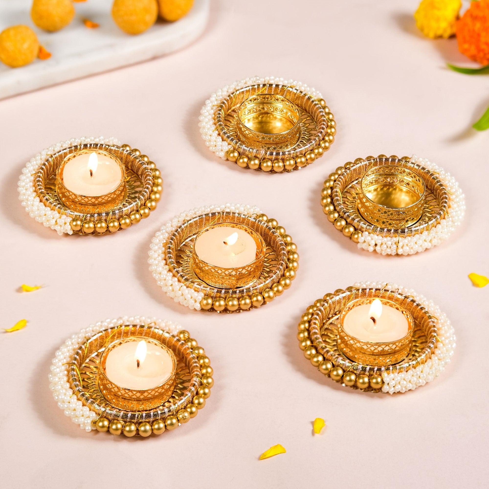 Beaded Festive Tea Light Holders Set Of 6