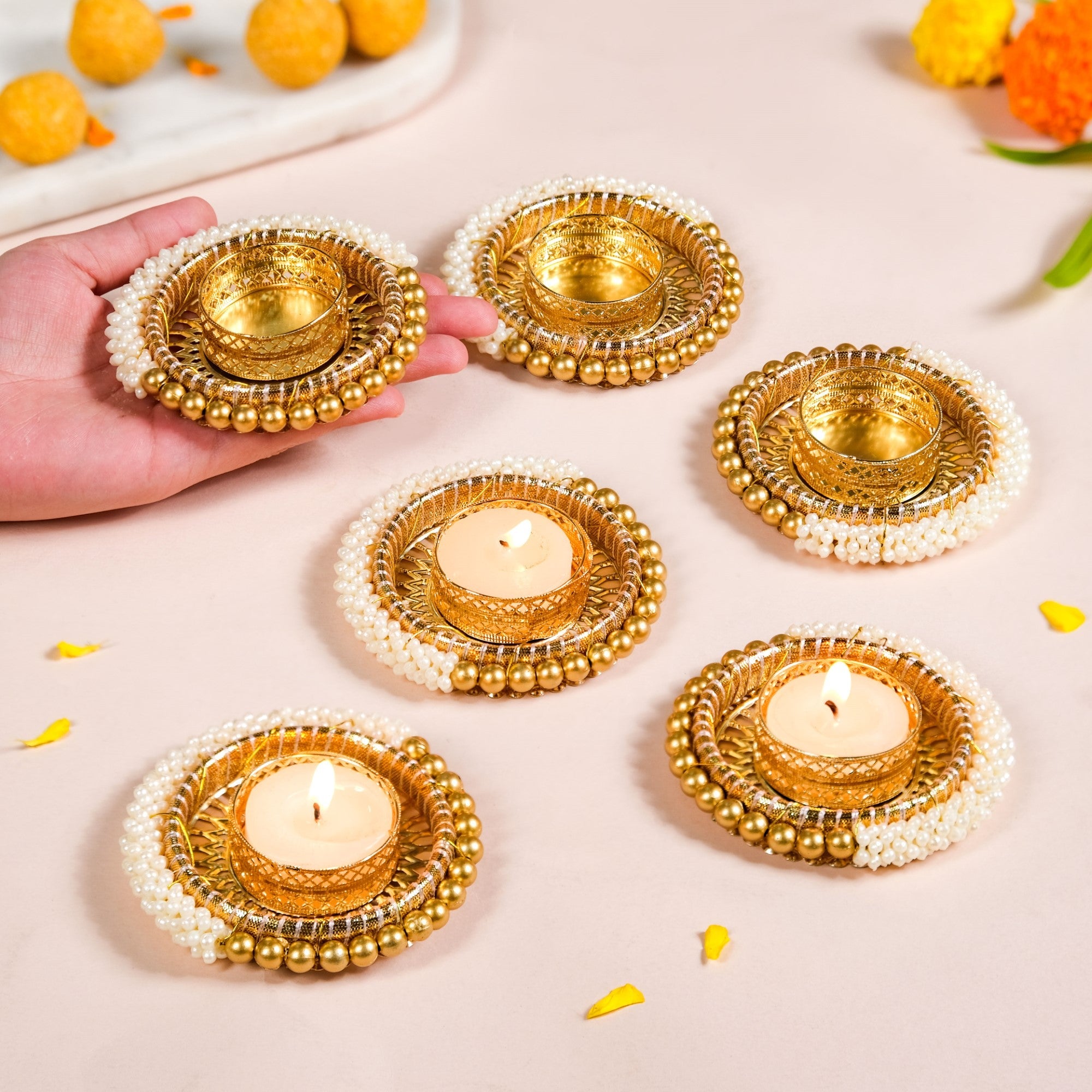 Beaded Festive Tea Light Holders Set Of 6