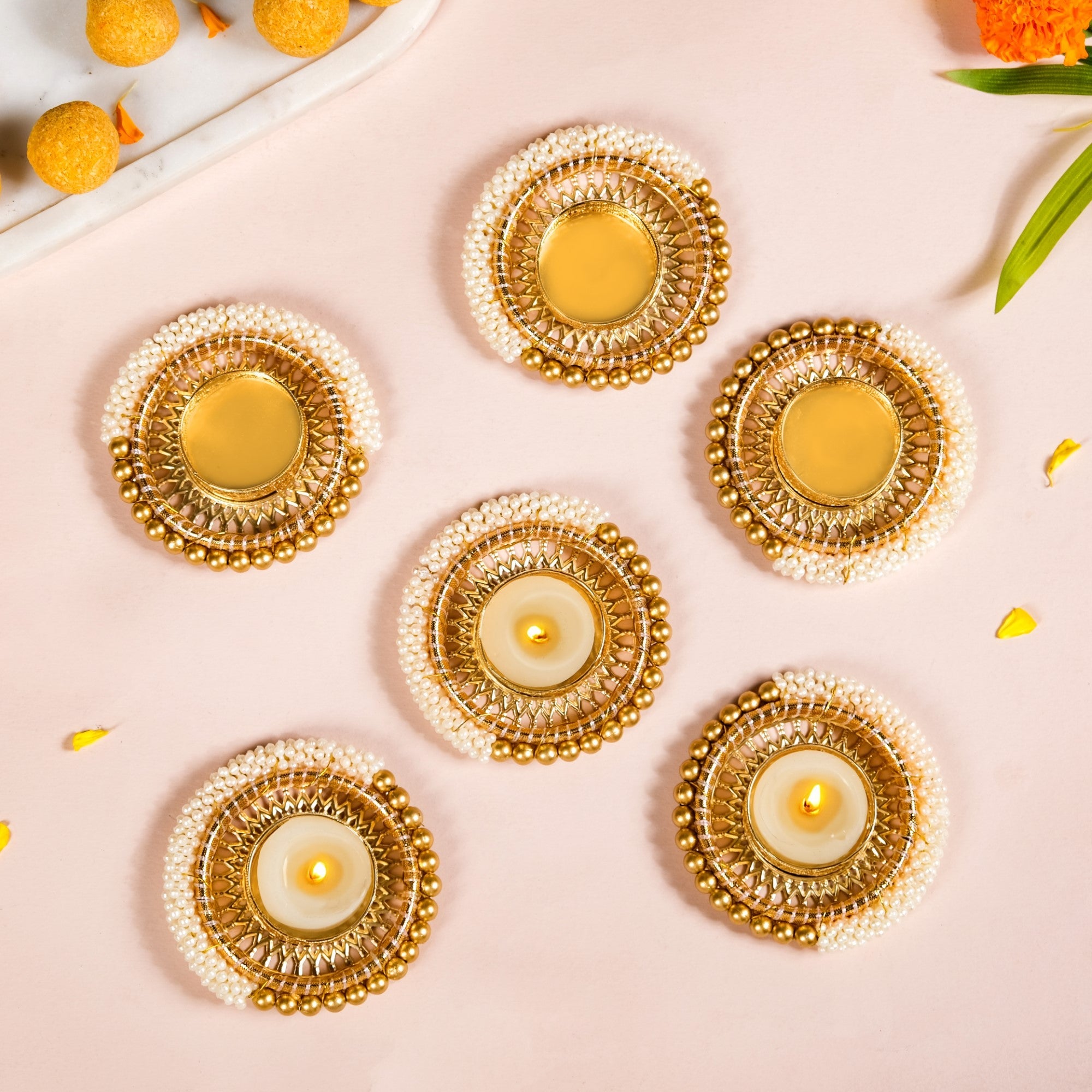 Beaded Festive Tea Light Holders Set Of 6