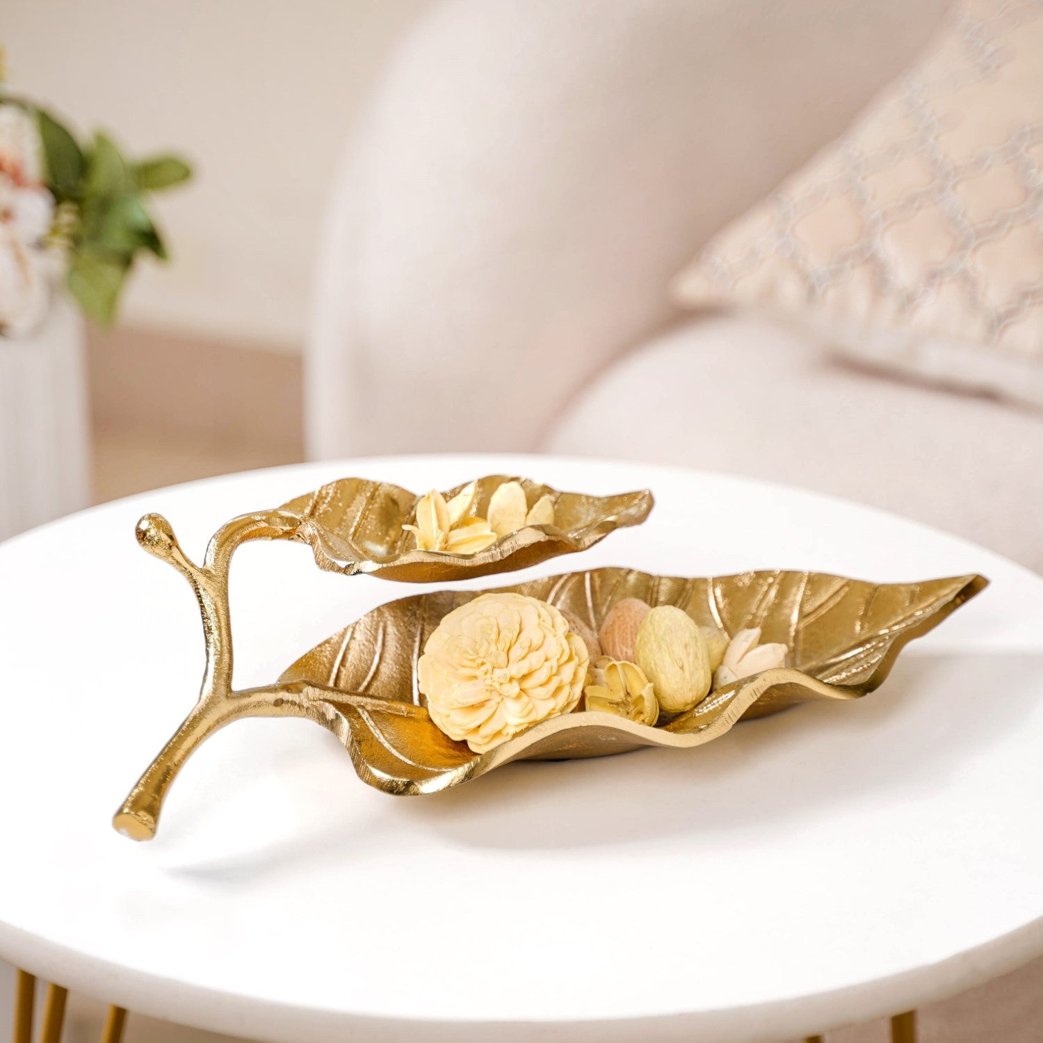 Double Layer Mango Leaf Metal Tray Gold