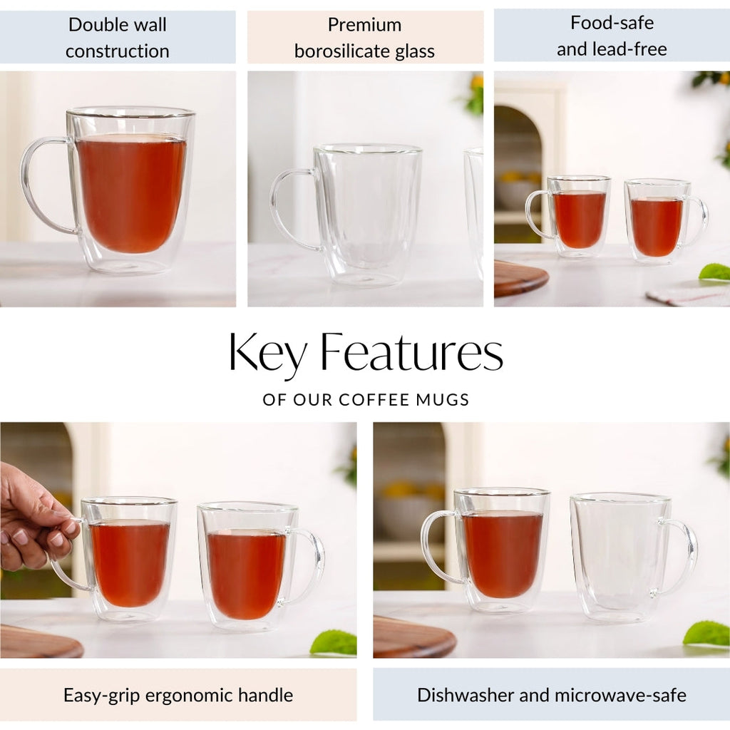 Bistro Style Double Wall Glass Coffee Mugs Set Of 2 300ml