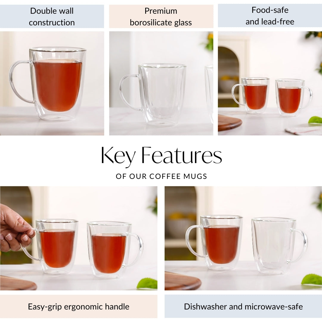 Bistro Style Double Wall Glass Coffee Mugs Set Of 2 300ml