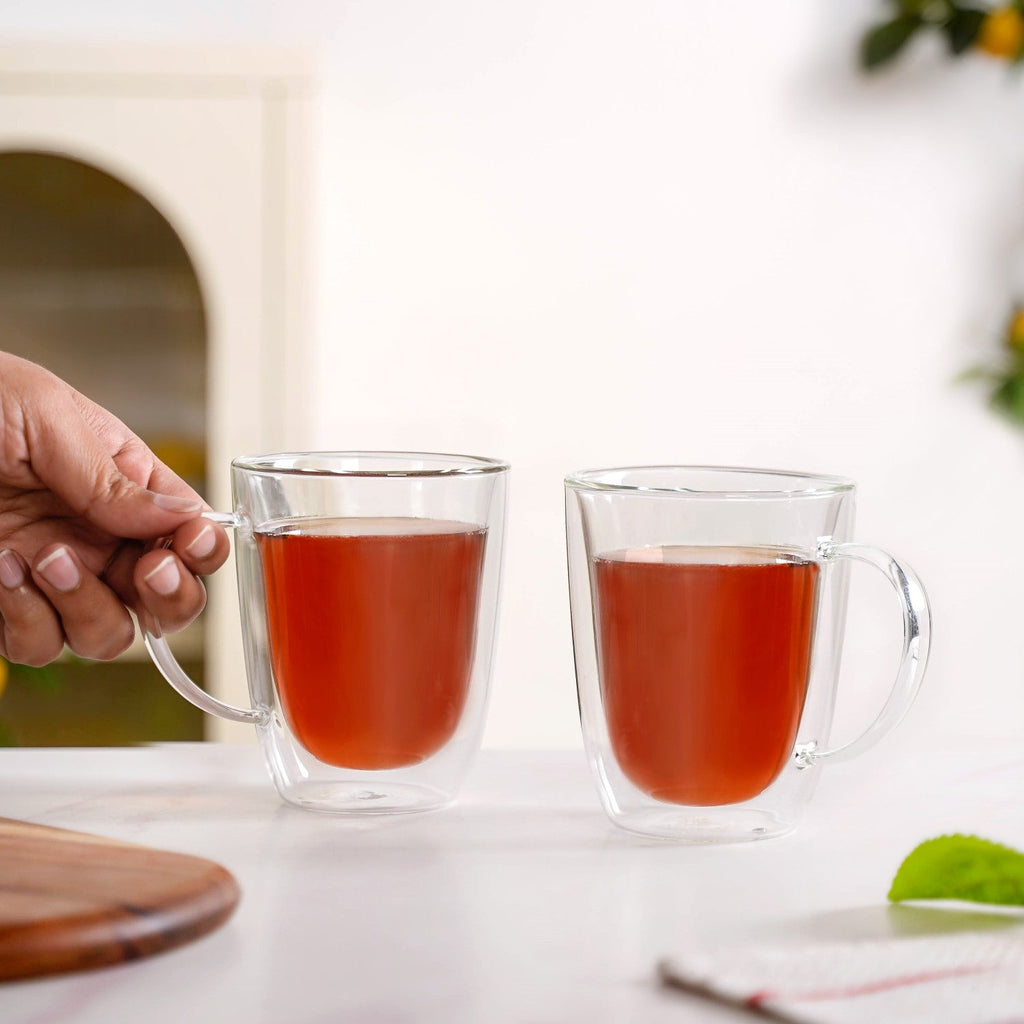 Bistro Style Double Wall Glass Coffee Mugs Set Of 2 300ml