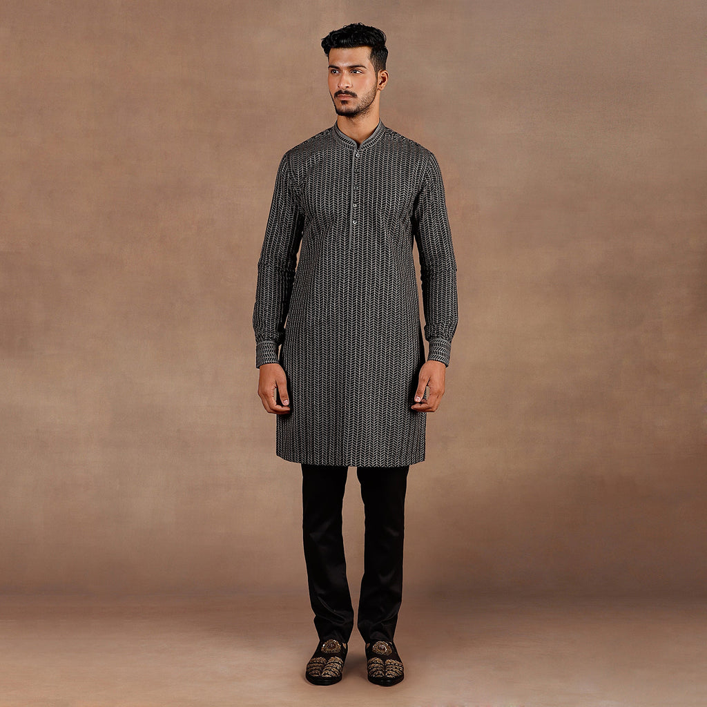 Black- Chevron Nehru Jacket Set | EAST