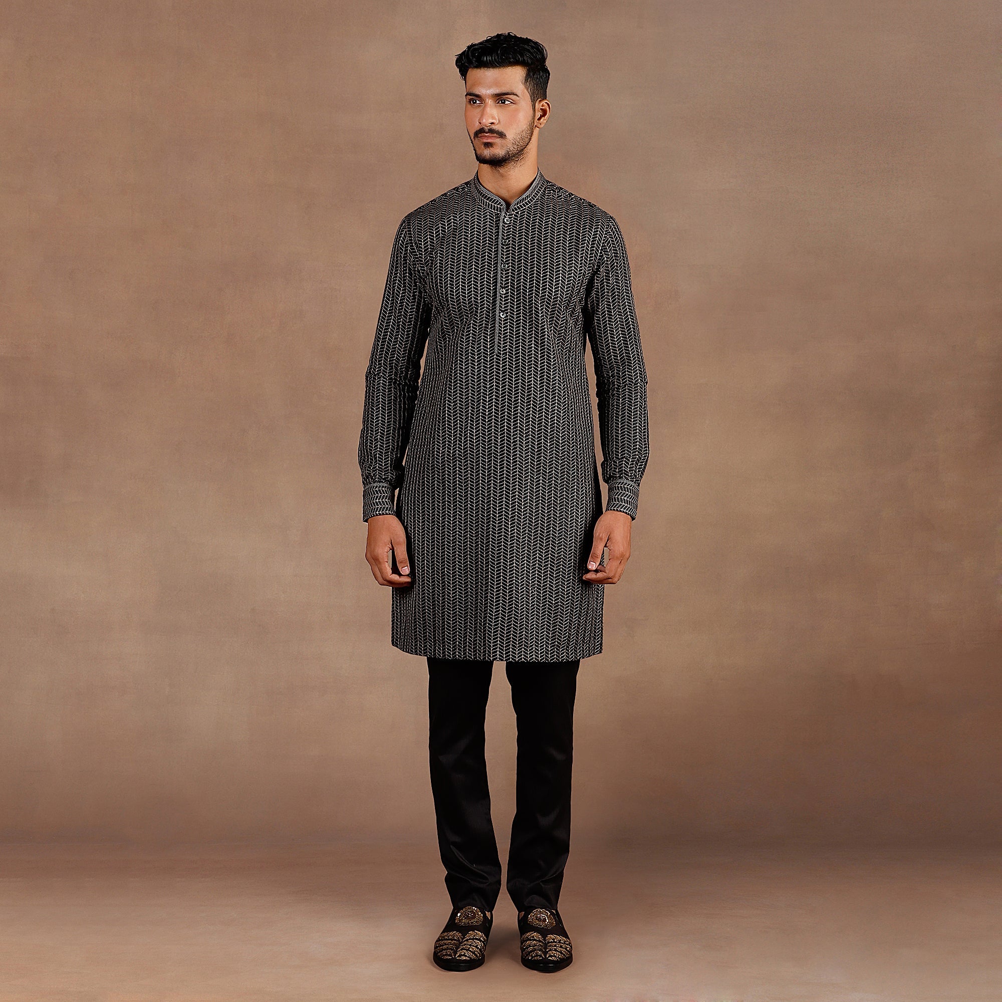 Black- Chevron Nehru Jacket Set | EAST